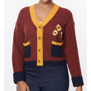 UNIQUE VINTAGE XS Burgundy k Embroidered Wool Blend Cardigan Sweater NWT B111